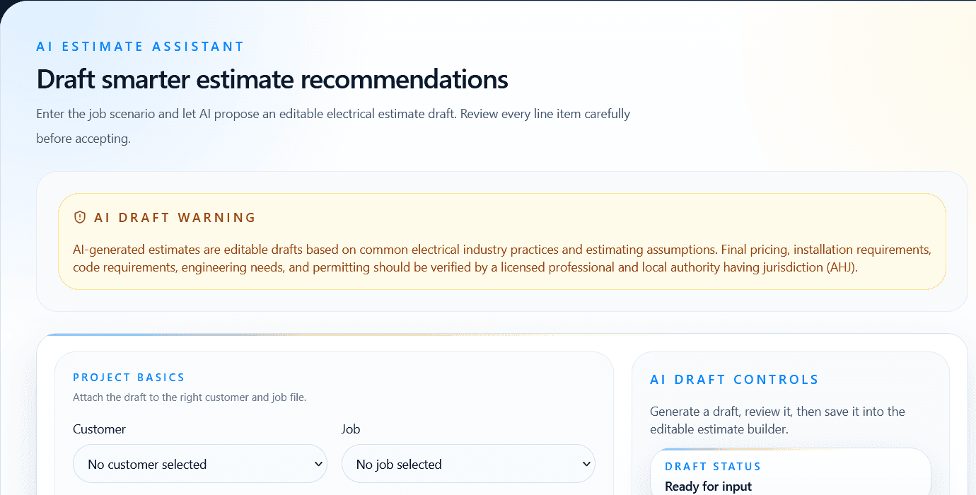 PhaseBid AI estimate assistant screen showing draft controls and contractor review warning