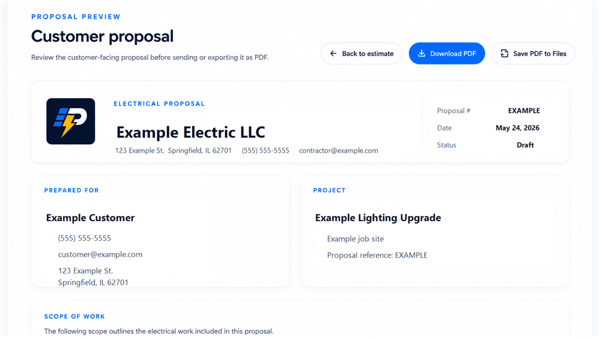 PhaseBid proposal preview showing customer-facing electrical proposal sections with example data
