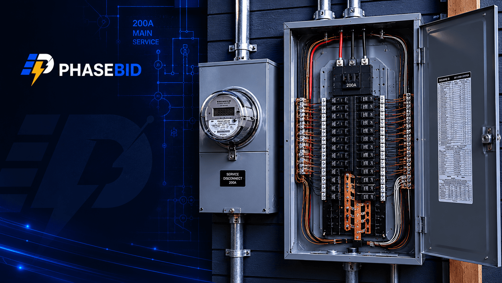 Open electrical service panel with PhaseBid branding for service upgrade estimating