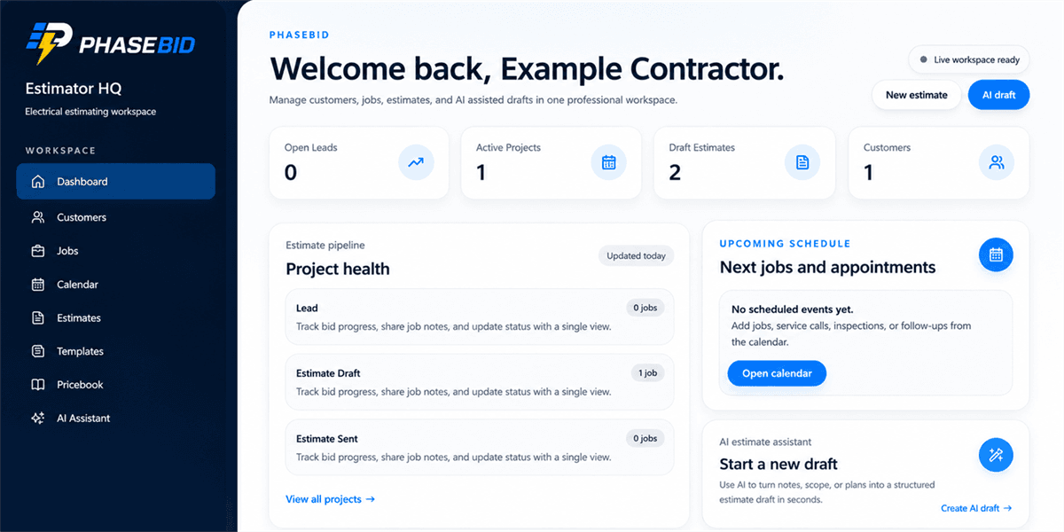 PhaseBid dashboard overview showing customers, jobs, estimates, and schedule tracking