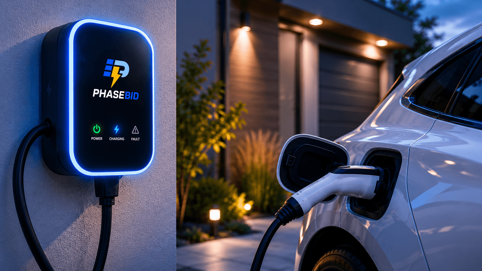 PhaseBid branded EV charger installed beside a home with an electric vehicle plugged in